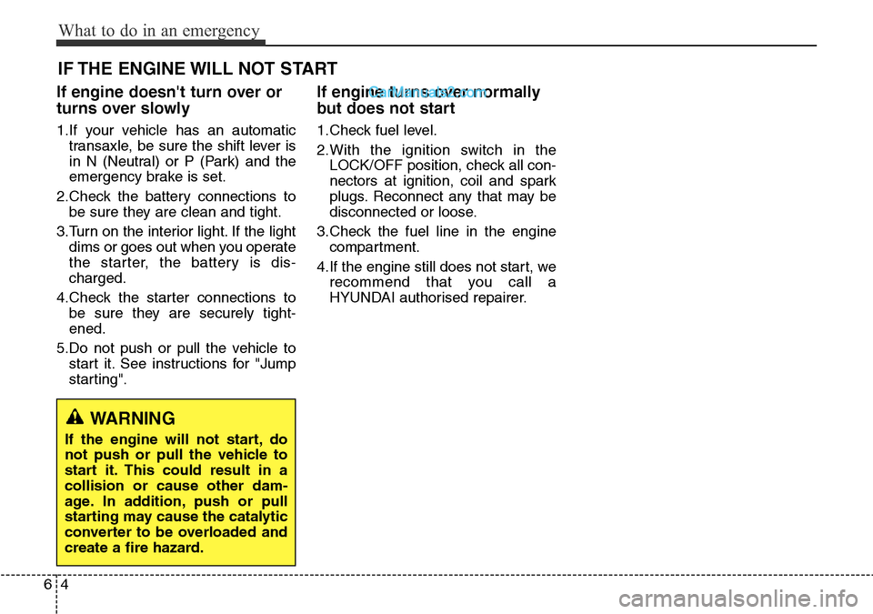 Hyundai Santa Fe 2016 Owners Manual - RHD (UK, Australia) What to do in an emergency
4 6
IF THE ENGINE WILL NOT START
If engine doesnt turn over or
turns over slowly
1.If your vehicle has an automatic
transaxle, be sure the shift lever is
in N (Neutral) or Hyundai Santa Fe 2016 Owners Manual - RHD (UK, Australia) What to do in an emergency
4 6
IF THE ENGINE WILL NOT START
If engine doesnt turn over or
turns over slowly
1.If your vehicle has an automatic
transaxle, be sure the shift lever is
in N (Neutral) or