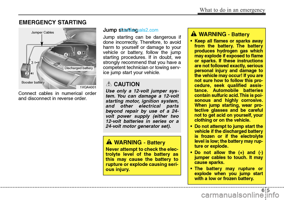 Hyundai Santa Fe 2016 Owners Manual - RHD (UK, Australia) 65
What to do in an emergency
EMERGENCY STARTING
Connect cables in numerical order
and disconnect in reverse order.
Jump starting
Jump starting can be dangerous if
done incorrectly. Therefore, to av Hyundai Santa Fe 2016 Owners Manual - RHD (UK, Australia) 65
What to do in an emergency
EMERGENCY STARTING
Connect cables in numerical order
and disconnect in reverse order.
Jump starting
Jump starting can be dangerous if
done incorrectly. Therefore, to av