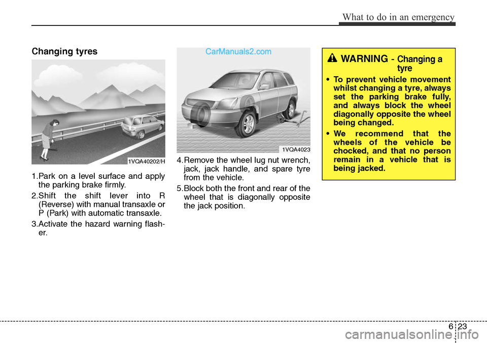 Hyundai Santa Fe 2016  Owners Manual - RHD (UK, Australia) 623
What to do in an emergency
Changing tyres 
1.Park on a level surface and apply
the parking brake firmly.
2.Shift the shift lever into R
(Reverse) with manual transaxle or
P (Park) with automatic t