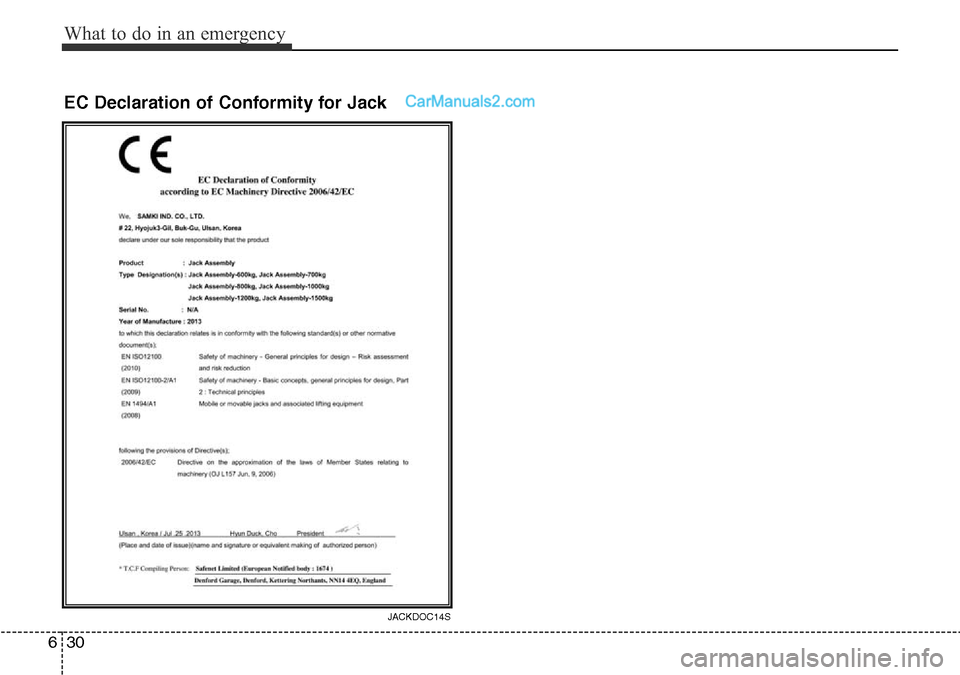 Hyundai Santa Fe 2016  Owners Manual - RHD (UK, Australia) What to do in an emergency
30 6
EC Declaration of Conformity for Jack 
JACKDOC14S  