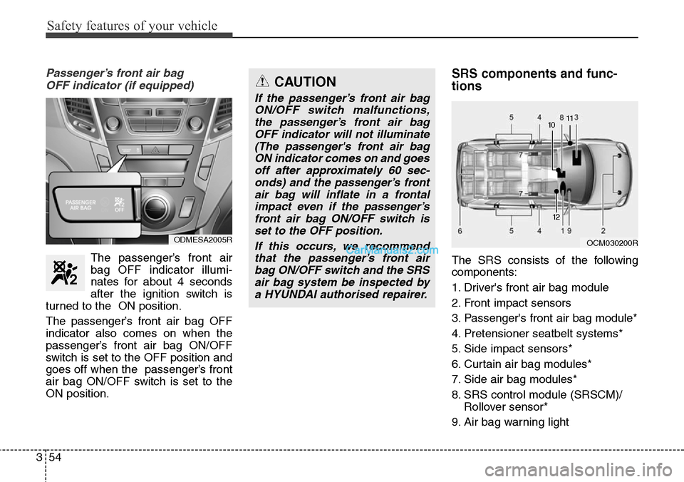 Hyundai Santa Fe 2016 Owners Manual - RHD (UK, Australia) Safety features of your vehicle
54 3
Passenger’s front air bag
OFF indicator (if equipped)
The passenger’s front air
bag OFF indicator illumi-
nates for about 4 seconds
after the ignition switch Hyundai Santa Fe 2016 Owners Manual - RHD (UK, Australia) Safety features of your vehicle
54 3
Passenger’s front air bag
OFF indicator (if equipped)
The passenger’s front air
bag OFF indicator illumi-
nates for about 4 seconds
after the ignition switch
