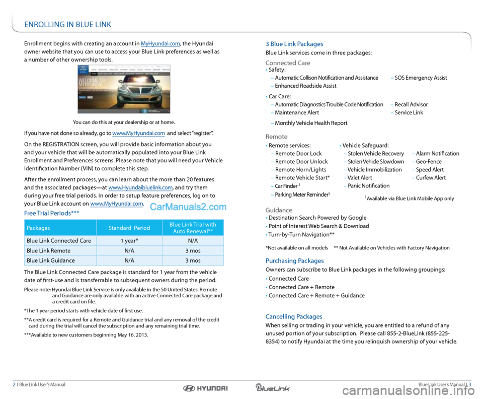 Hyundai Santa Fe 2016  Gen 1 Blue Link Audio Manual Blue link User’s Manual   i  3
2  i   Blue link User’s Manual
enrollment begins with creating an account in MyHyundai.com, the Hyundai 
owner website that you can use to access your Blue link pref