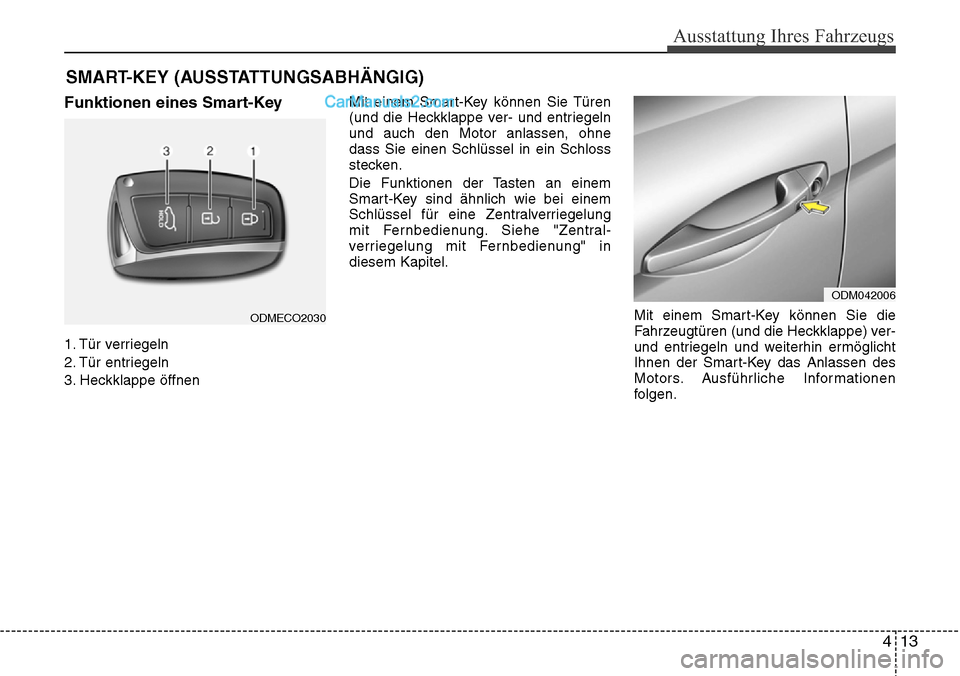 Hyundai Santa Fe 2016  Betriebsanleitung (in German) 413
Ausstattung Ihres Fahrzeugs
Funktionen eines Smart-Key
1. Tür verriegeln
2. Tür entriegeln
3. Heckklappe öffnenMit einem Smart-Key können Sie Türen
(und die Heckklappe ver- und entriegeln
und
