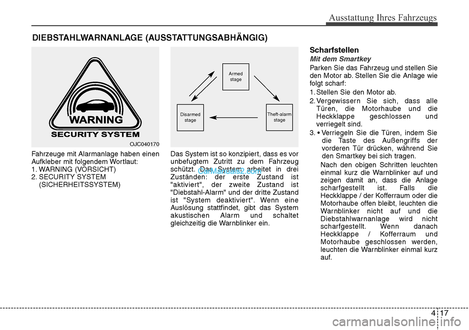 Hyundai Santa Fe 2016  Betriebsanleitung (in German) 417
Ausstattung Ihres Fahrzeugs
Fahrzeuge mit Alarmanlage haben einen
Aufkleber mit folgendem Wortlaut:
1. WARNING (VORSICHT)
2. SECURITY SYSTEM(SICHERHEITSSYSTEM) Das System ist so konzipiert, dass e