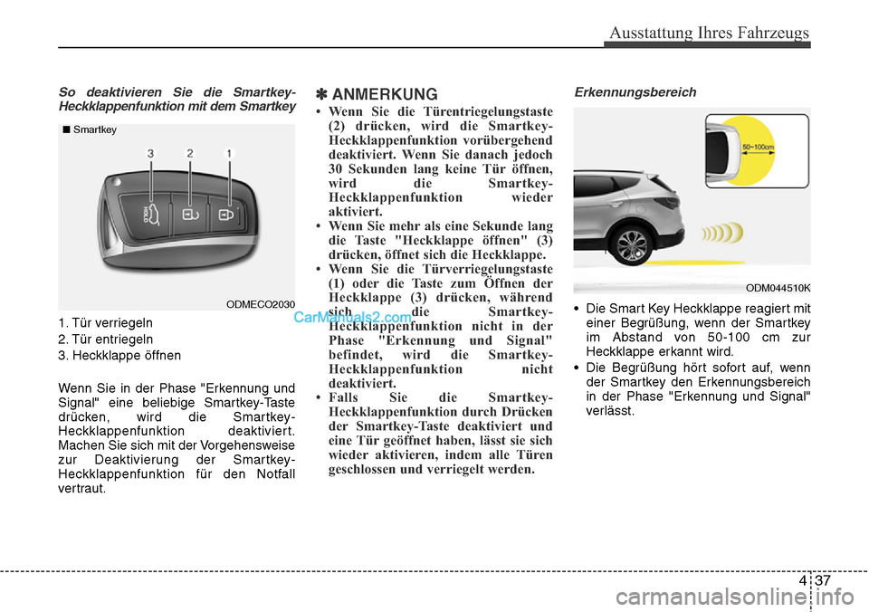 Hyundai Santa Fe 2016  Betriebsanleitung (in German) So deaktivieren Sie die Smartkey-Heckklappenfunktion mit dem Smartkey
1. Tür verriegeln
2. Tür entriegeln
3. Heckklappe öffnen
Wenn Sie in der Phase "Erkennung und
Signal" eine beliebige Smartkey-T