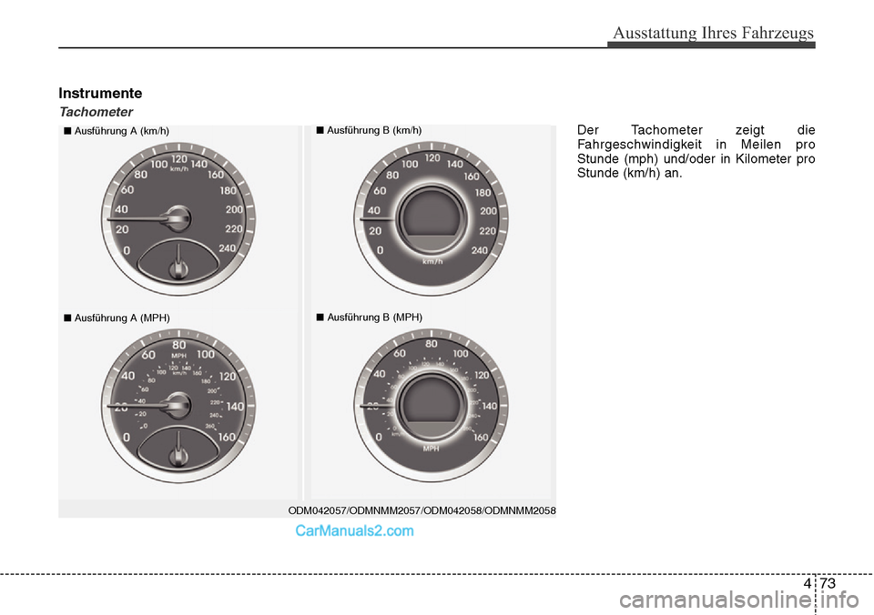 Hyundai Santa Fe 2016  Betriebsanleitung (in German) 473
Ausstattung Ihres Fahrzeugs
Instrumente
Tachometer
ODM042057/ODMNMM2057/ODM042058/ODMNMM2058
■Ausführung A (km/h)■Ausführung B (km/h)
■Ausführung A (MPH)■Ausführung B (MPH)
Der Tachome