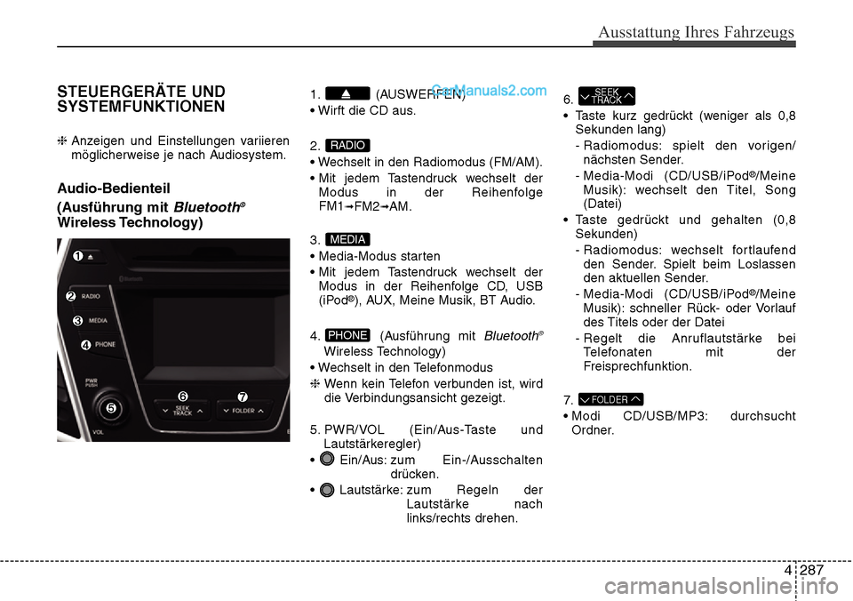 Hyundai Santa Fe 2016  Betriebsanleitung (in German) 4 287
Ausstattung Ihres Fahrzeugs
STEUERGERÄTE UND
SYSTEMFUNKTIONEN
❈ Anzeigen und Einstellungen variieren
möglicherweise je nach Audiosystem.
Audio-Bedienteil 
(Ausführung mit 
Bluetooth®
Wirel