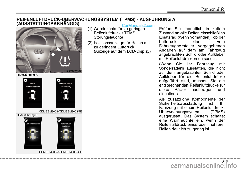 Hyundai Santa Fe 2016 Betriebsanleitung (in German) 69
Pannenhilfe
REIFENLUFTDRUCK-ÜBERWACHUNGSSYSTEM (TPMS) - AUSFÜHRUNG A
(AUSSTATTUNGSABHÄNGIG)
(1) Warnleuchte für zu geringenReifenluftdruck / TPMS-
Störungsleuchte
(2) Positionsanzeige für Rei Hyundai Santa Fe 2016 Betriebsanleitung (in German) 69
Pannenhilfe
REIFENLUFTDRUCK-ÜBERWACHUNGSSYSTEM (TPMS) - AUSFÜHRUNG A
(AUSSTATTUNGSABHÄNGIG)
(1) Warnleuchte für zu geringenReifenluftdruck / TPMS-
Störungsleuchte
(2) Positionsanzeige für Rei