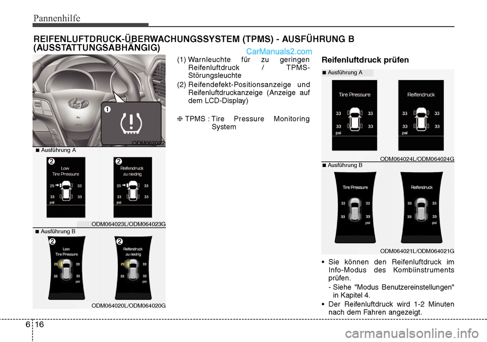 Hyundai Santa Fe 2016  Betriebsanleitung (in German) Pannenhilfe
16
6
(1) War nleuchte für zu geringen
Reifenluftdruck / TPMS-
Störungsleuchte
(2)  Reifendefekt-Positionsanzeige und
Reifenluftdruckanzeige (Anzeige auf
dem LCD-Display)
❈  TPMS : Tire