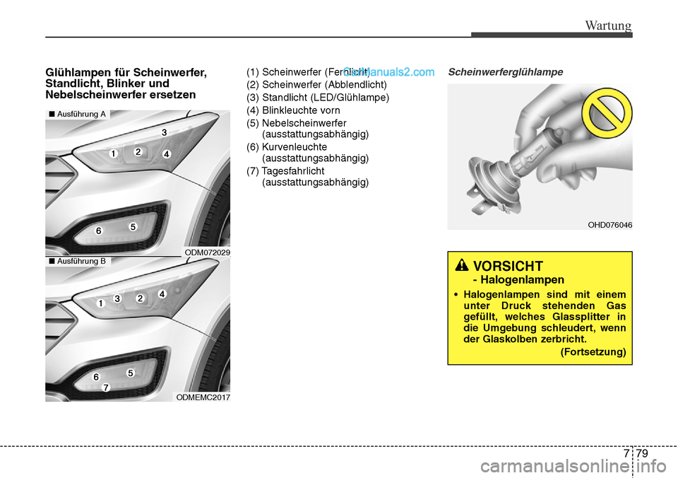 Hyundai Santa Fe 2016  Betriebsanleitung (in German) 779
Wartung
VORSICHT 
- Halogenlampen
• Halogenlampen sind mit einemunter Druck stehenden Gas
gefüllt, welches Glassplitter in
die Umgebung schleudert, wenn
der Glaskolben zerbricht.
(Fortsetzung)
