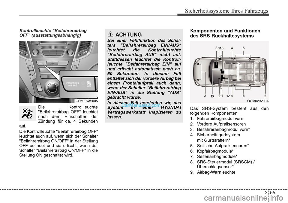 Hyundai Santa Fe 2016  Betriebsanleitung (in German) 355
Sicherheitssysteme Ihres Fahrzeugs
Kontrollleuchte "BeifahrerairbagOFF" (ausstattungsabhängig)
Die Kontrollleuchte
"Beifahrerairbag OFF" leuchtet
nach dem Einschalten der
Zündung für ca. 4 Seku