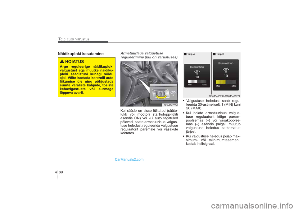 Hyundai Santa Fe 2016 Omaniku Käsiraamat (in Estonian) Teie auto varustus68 4Näidikuploki kasutamine
Armatuurlaua valgustuse
reguleerimine (kui on varustuses)Kui süüde on sisse lülitatud (süüte-
lukk või mootori start/stopp-lüliti
asendis ON) võ Hyundai Santa Fe 2016 Omaniku Käsiraamat (in Estonian) Teie auto varustus68 4Näidikuploki kasutamine
Armatuurlaua valgustuse
reguleerimine (kui on varustuses)Kui süüde on sisse lülitatud (süüte-
lukk või mootori start/stopp-lüliti
asendis ON) võ