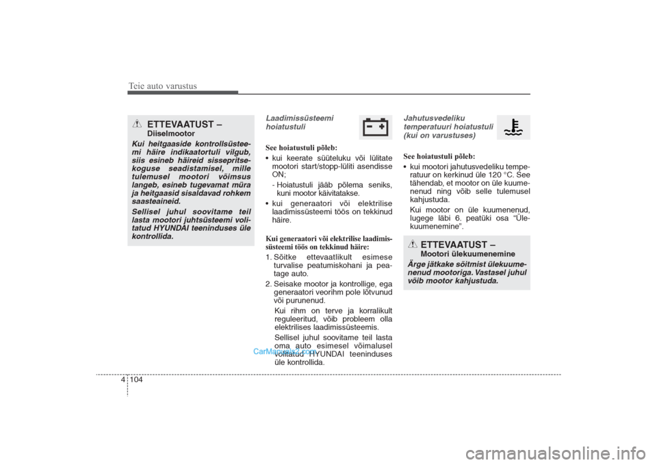 Hyundai Santa Fe 2016 Omaniku Käsiraamat (in Estonian) Teie auto varustus104 4
Laadimissüsteemi
hoiatustuliSee hoiatustuli põleb:
• kui keerate süüteluku või lülitate
mootori start/stopp-lüliti asendisse
ON;
- Hoiatustuli jääb põlema seniks,
Hyundai Santa Fe 2016 Omaniku Käsiraamat (in Estonian) Teie auto varustus104 4
Laadimissüsteemi
hoiatustuliSee hoiatustuli põleb:
• kui keerate süüteluku või lülitate
mootori start/stopp-lüliti asendisse
ON;
- Hoiatustuli jääb põlema seniks,