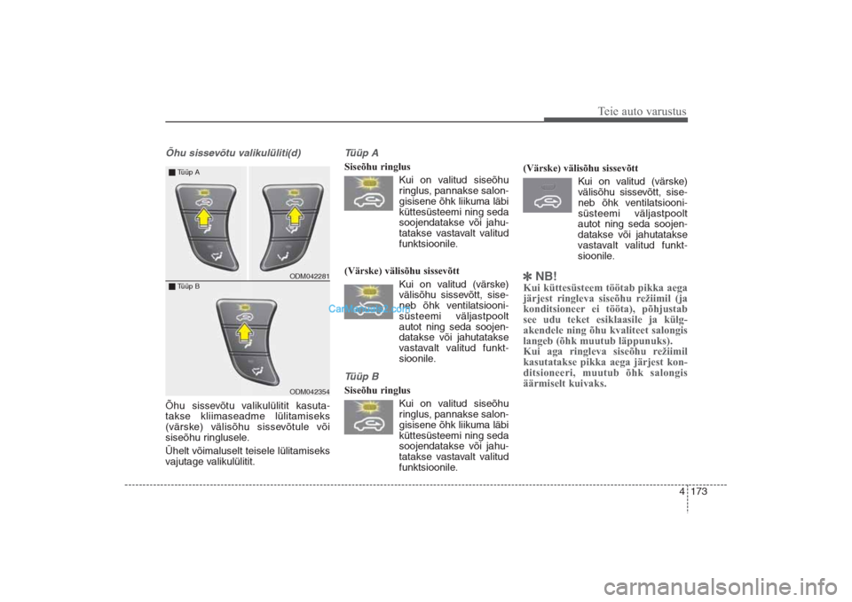 Hyundai Santa Fe 2016 Omaniku Käsiraamat (in Estonian) 4 173
Teie auto varustus
Õhu sissevõtu valikulüliti(d) Õhu sissevõtu valikulülitit kasuta-
takse kliimaseadme lülitamiseks
(värske) välisõhu sissevõtule või
siseõhu ringlusele.
Ühelt võ Hyundai Santa Fe 2016 Omaniku Käsiraamat (in Estonian) 4 173
Teie auto varustus
Õhu sissevõtu valikulüliti(d) Õhu sissevõtu valikulülitit kasuta-
takse kliimaseadme lülitamiseks
(värske) välisõhu sissevõtule või
siseõhu ringlusele.
Ühelt võ