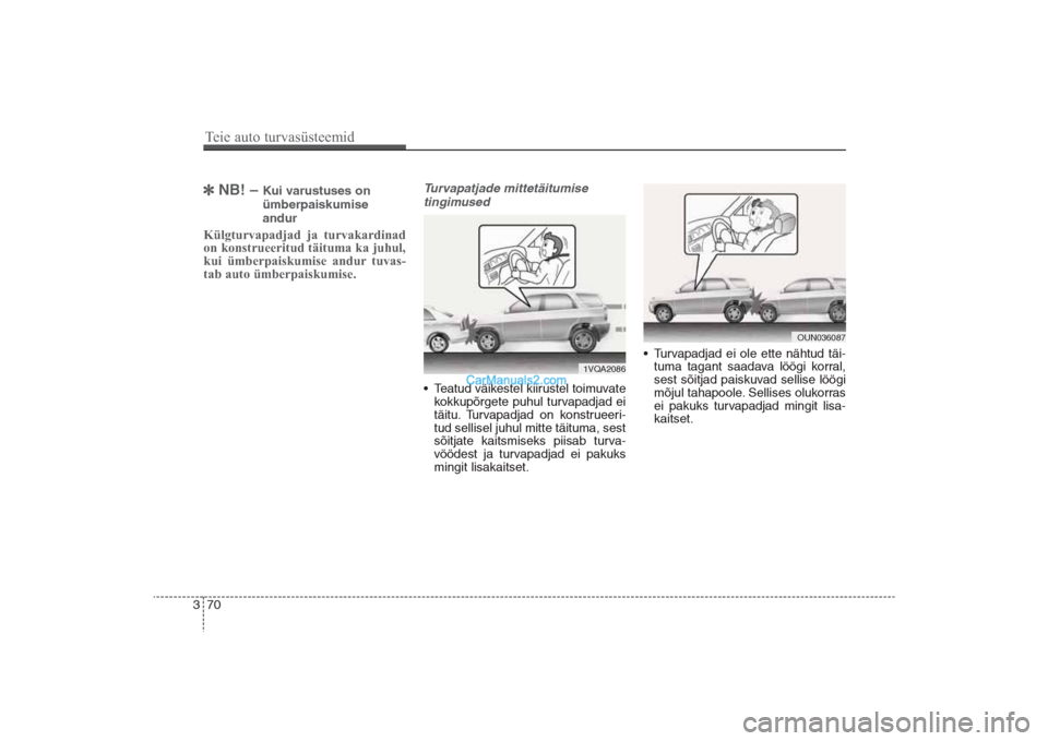Hyundai Santa Fe 2016  Omaniku Käsiraamat (in Estonian) 70 3
NB! – 
Kui varustuses on
ümberpaiskumise
andur
Külgturvapadjad ja turvakardinad
on konstrueeritud täituma ka juhul,
kui ümberpaiskumise andur tuvas­
tab auto ümberpaiskumise.
Turvapatjad