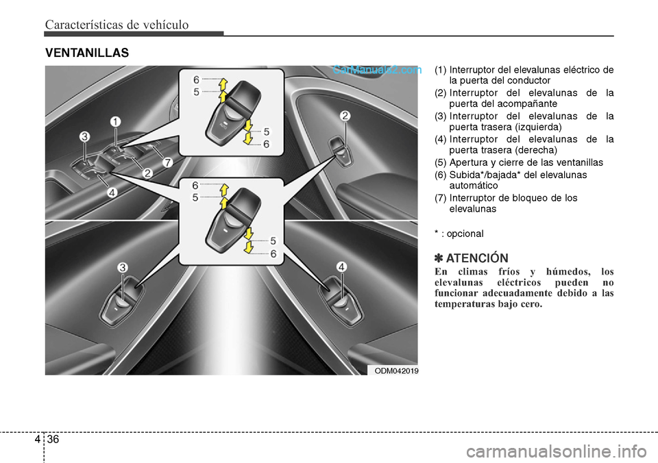 Hyundai Santa Fe 2016  Manual del propietario (in Spanish) Características de vehículo
36 4
(1) Interruptor del elevalunas eléctrico de
la puerta del conductor
(2) Interruptor del elevalunas de la
puerta del acompañante
(3) Interruptor del elevalunas de l