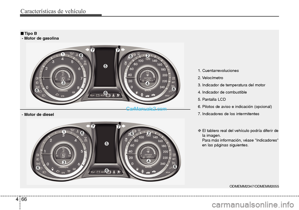 Hyundai Santa Fe 2016  Manual del propietario (in Spanish) Características de vehículo
66 4
ODMEMM2347/ODMEMM2055
■Tipo B
- Motor de gasolina
- Motor de diesel
1. Cuentarrevoluciones
2. Velocímetro
3. Indicador de temperatura del motor
4. Indicador de co