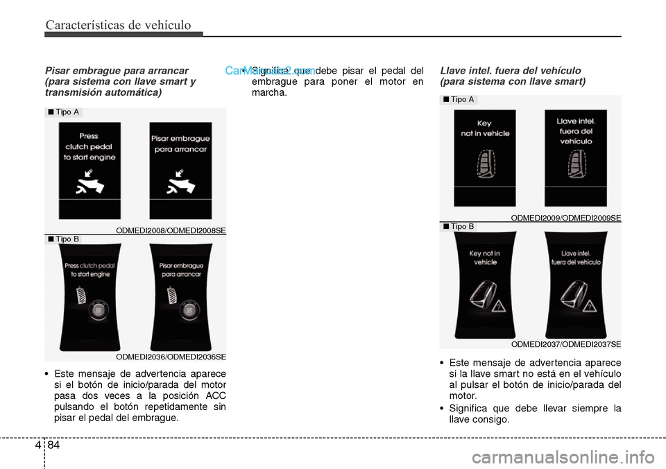 Hyundai Santa Fe 2016  Manual del propietario (in Spanish) Características de vehículo
84 4
Pisar embrague para arrancar 
(para sistema con llave smart y
transmisión automática)
• Este mensaje de advertencia aparece
si el botón de inicio/parada del mot
