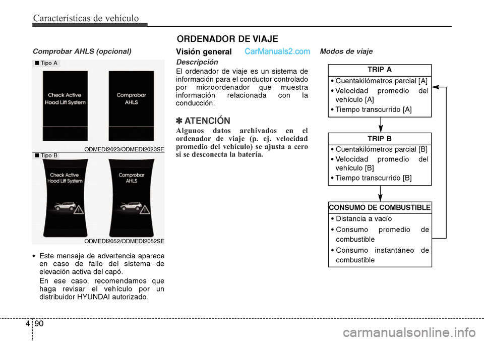 Hyundai Santa Fe 2016 Manual del propietario (in Spanish) Características de vehículo
90 4
Comprobar AHLS (opcional)
• Este mensaje de advertencia aparece
en caso de fallo del sistema de
elevación activa del capó.
En ese caso, recomendamos que
haga rev Hyundai Santa Fe 2016 Manual del propietario (in Spanish) Características de vehículo
90 4
Comprobar AHLS (opcional)
• Este mensaje de advertencia aparece
en caso de fallo del sistema de
elevación activa del capó.
En ese caso, recomendamos que
haga rev
