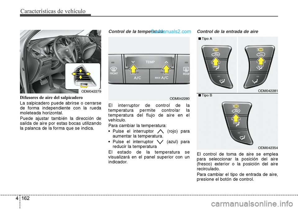 Hyundai Santa Fe 2016  Manual del propietario (in Spanish) Características de vehículo
162 4
Difusores de aire del salpicadero
La salpicadero puede abrirse o cerrarse
de forma independiente con la rueda
moleteada horizontal.
Puede ajustar también la direcc