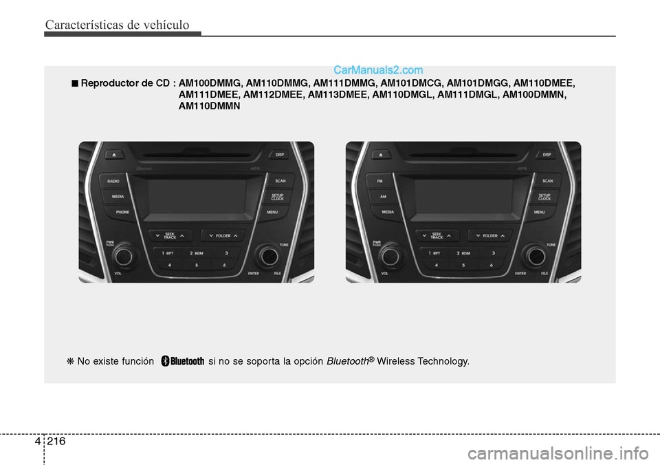 Hyundai Santa Fe 2016  Manual del propietario (in Spanish) Características de vehículo
216 4
■ Reproductor de CD : AM100DMMG, AM110DMMG, AM111DMMG, AM101DMCG, AM101DMGG, AM110DMEE,
AM111DMEE, AM112DMEE, AM113DMEE, AM110DMGL, AM111DMGL, AM100DMMN,
AM110DMM