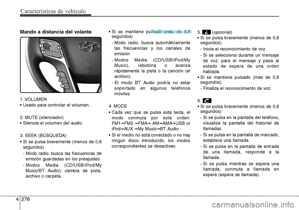 Hyundai Santa Fe 2016 Manual del propietario (in Spanish) Características de vehículo
278 4
Mando a distancia del volante
1. VOLUMEN
• Usado para controlar el volumen.
2. MUTE (silenciador)
• Silencia el volumen del audio.
3. SEEK (BÚSQUEDA)
• Si se Hyundai Santa Fe 2016 Manual del propietario (in Spanish) Características de vehículo
278 4
Mando a distancia del volante
1. VOLUMEN
• Usado para controlar el volumen.
2. MUTE (silenciador)
• Silencia el volumen del audio.
3. SEEK (BÚSQUEDA)
• Si se