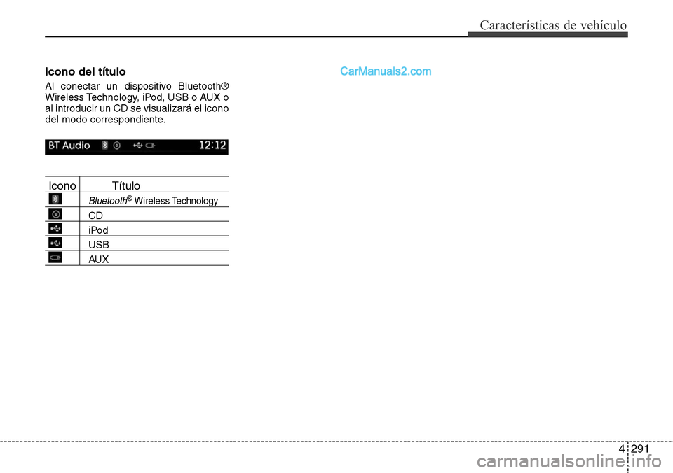Hyundai Santa Fe 2016  Manual del propietario (in Spanish) 4291
Características de vehículo
Icono del título 
Al conectar un dispositivo Bluetooth®
Wireless Technology, iPod, USB o AUX o
al introducir un CD se visualizará el icono
del modo correspondient