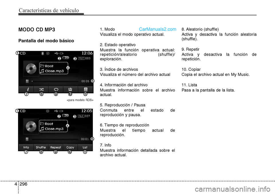 Hyundai Santa Fe 2016  Manual del propietario (in Spanish) Características de vehículo
296 4
MODO CD MP3
Pantalla del modo básico
<para modelo RDS>
1. Modo
Visualiza el modo operativo actual.
2. Estado operativo
Muestra la función operativa actual:
repeti