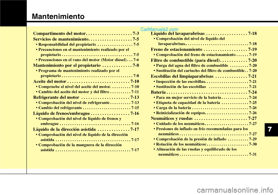 Hyundai Santa Fe 2016 Manual del propietario (in Spanish) Mantenimiento
7
Compartimento del motor . . . . . . . . . . . . . . . . . . . . 7-3
Servicios de mantenimiento. . . . . . . . . . . . . . . . . . . 7-5
• Responsabilidad del propietario . . . . . . Hyundai Santa Fe 2016 Manual del propietario (in Spanish) Mantenimiento
7
Compartimento del motor . . . . . . . . . . . . . . . . . . . . 7-3
Servicios de mantenimiento. . . . . . . . . . . . . . . . . . . 7-5
• Responsabilidad del propietario . . . . . .