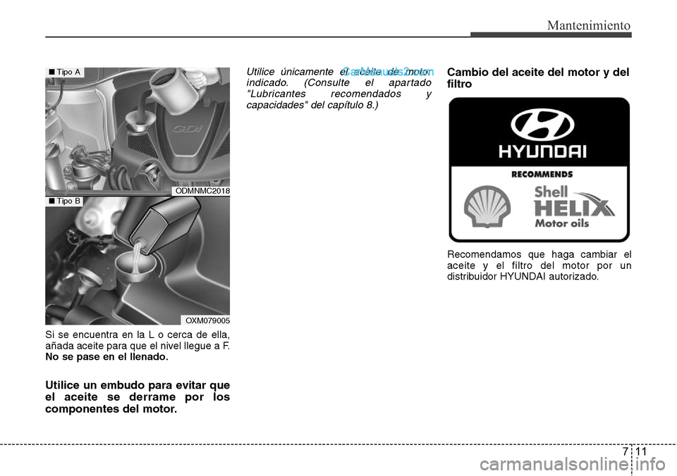 Hyundai Santa Fe 2016  Manual del propietario (in Spanish) 711
Mantenimiento
Si se encuentra en la L o cerca de ella,
añada aceite para que el nivel llegue a F.
No se pase en el llenado.
Utilice un embudo para evitar que
el aceite se derrame por los
componen