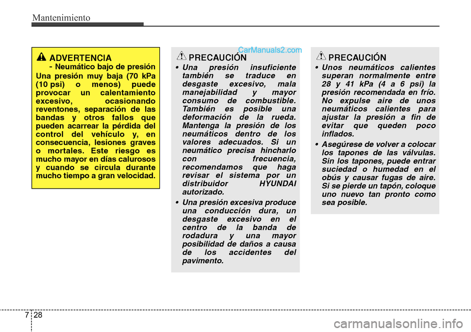 Hyundai Santa Fe 2016 Manual del propietario (in Spanish) Mantenimiento
28 7
ADVERTENCIA
-
Neumático bajo de presión
Una presión muy baja (70 kPa
(10 psi) o menos) puede
provocar un calentamiento
excesivo, ocasionando
reventones, separación de las
band Hyundai Santa Fe 2016 Manual del propietario (in Spanish) Mantenimiento
28 7
ADVERTENCIA
-
Neumático bajo de presión
Una presión muy baja (70 kPa
(10 psi) o menos) puede
provocar un calentamiento
excesivo, ocasionando
reventones, separación de las
band