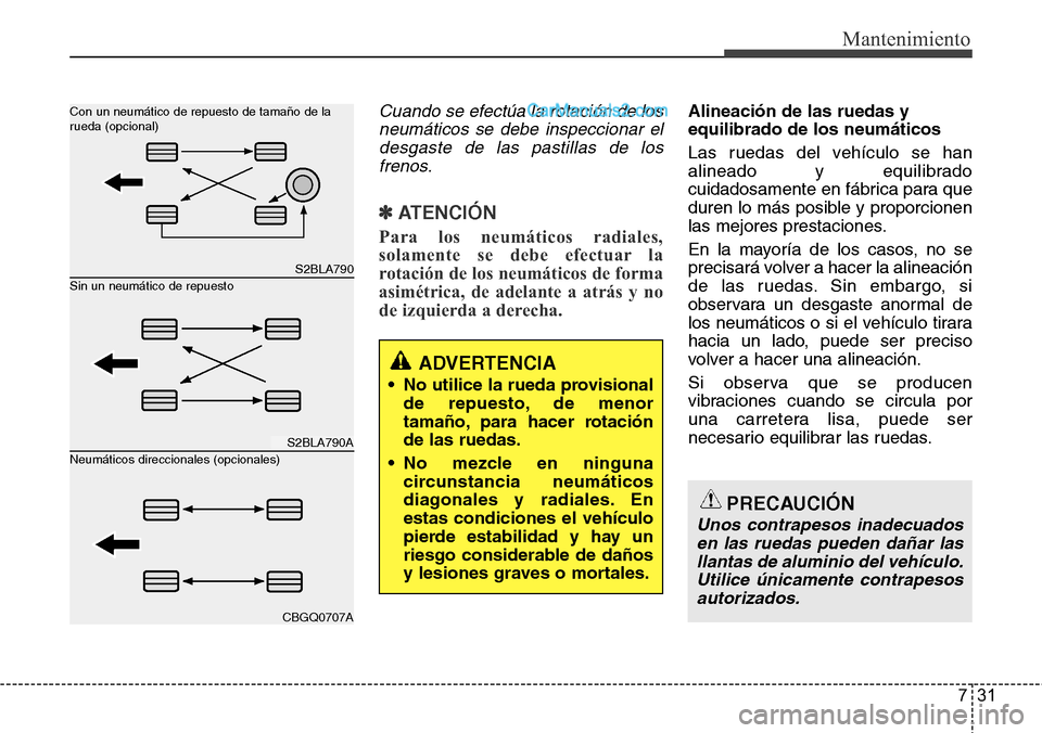 Hyundai Santa Fe 2016 Manual del propietario (in Spanish) 731
Mantenimiento
Cuando se efectúa la rotación de los
neumáticos se debe inspeccionar el
desgaste de las pastillas de los
frenos.
✽ ATENCIÓN
Para los neumáticos radiales,
solamente se debe efe Hyundai Santa Fe 2016 Manual del propietario (in Spanish) 731
Mantenimiento
Cuando se efectúa la rotación de los
neumáticos se debe inspeccionar el
desgaste de las pastillas de los
frenos.
✽ ATENCIÓN
Para los neumáticos radiales,
solamente se debe efe