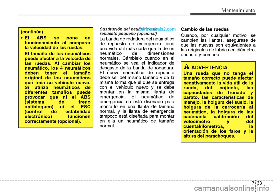 Hyundai Santa Fe 2016 Manual del propietario (in Spanish) 733
Mantenimiento
Sustitución del neumático de
repuesto pequeño (opcional)
La banda de rodadura del neumático
de repuesto de emergencia tiene
una vida útil más corta que la de un
neumático de d Hyundai Santa Fe 2016 Manual del propietario (in Spanish) 733
Mantenimiento
Sustitución del neumático de
repuesto pequeño (opcional)
La banda de rodadura del neumático
de repuesto de emergencia tiene
una vida útil más corta que la de un
neumático de d