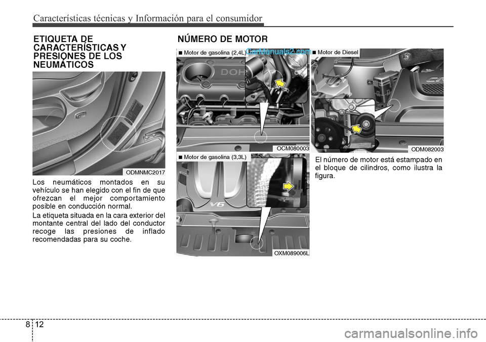 Hyundai Santa Fe 2016  Manual del propietario (in Spanish) Características técnicas y Información para el consumidor
12 8
Los neumáticos montados en su
vehículo se han elegido con el fin de que
ofrezcan el mejor comportamiento
posible en conducción norm