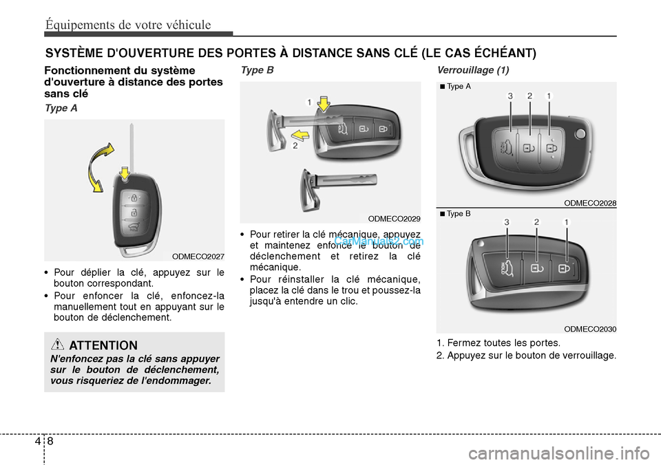 Hyundai Santa Fe 2016  Manuel du propriétaire (in French) Équipements de votre véhicule
8 4
Fonctionnement du système
douverture à distance des portes
sans clé
Type A
• Pour déplier la clé, appuyez sur le
bouton correspondant.
• Pour enfoncer la 