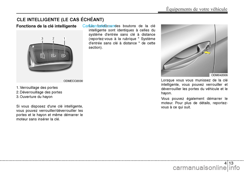 Hyundai Santa Fe 2016  Manuel du propriétaire (in French) 413
Équipements de votre véhicule
Fonctions de la clé intelligente
1. Verrouillage des portes
2. Déverrouillage des portes
3. Ouverture du hayon
Si vous disposez dune clé intelligente,
vous pouv