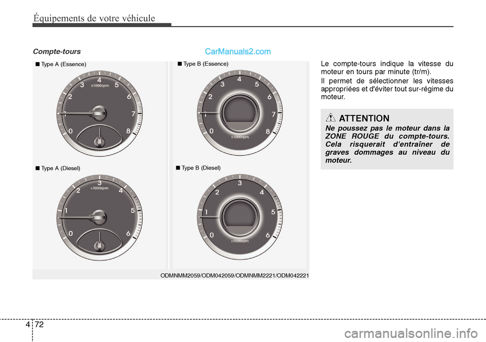 Hyundai Santa Fe 2016  Manuel du propriétaire (in French) 72 4
Équipements de votre véhicule
Compte-tours
ODMNMM2059/ODM042059/ODMNMM2221/ODM042221
■Type A (Essence)■Type B (Essence)
■Type A (Diesel)■Type B (Diesel)
ATTENTION
Ne poussez pas le mote
