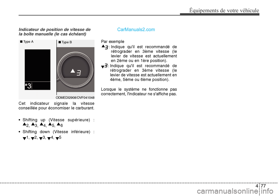 Hyundai Santa Fe 2016  Manuel du propriétaire (in French) 477
Équipements de votre véhicule
Indicateur de position de vitesse de
la boîte manuelle (le cas échéant)
Cet indicateur signale la vitesse
conseillée pour économiser le carburant.
• Shifting