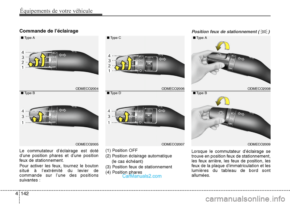 Hyundai Santa Fe 2016  Manuel du propriétaire (in French) Équipements de votre véhicule
142 4
Commande de l’éclairage
Le commutateur d’éclairage est doté
d’une position phares et d’une position
feux de stationnement.
Pour activer les feux, tourn