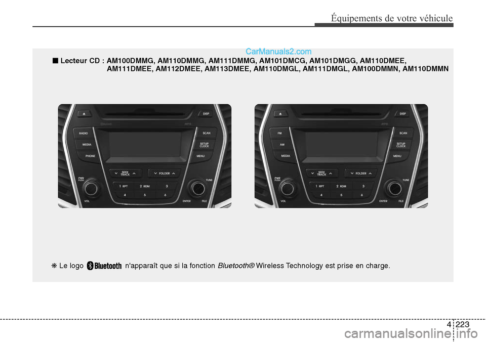 Hyundai Santa Fe 2016  Manuel du propriétaire (in French) 4223
Équipements de votre véhicule
■Lecteur CD : AM100DMMG, AM110DMMG, AM111DMMG, AM101DMCG, AM101DMGG, AM110DMEE,
AM111DMEE, AM112DMEE, AM113DMEE, AM110DMGL, AM111DMGL, AM100DMMN, AM110DMMN
❋Le