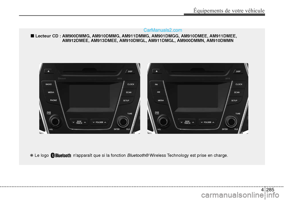 Hyundai Santa Fe 2016  Manuel du propriétaire (in French) 4285
Équipements de votre véhicule
■Lecteur CD : AM900DMMG, AM910DMMG, AM911DMMG, AM901DMGG, AM910DMEE, AM911DMEE,
AM912DMEE, AM913DMEE, AM910DMGL, AM911DMGL, AM900DMMN, AM910DMMN
❋Le logo  nap
