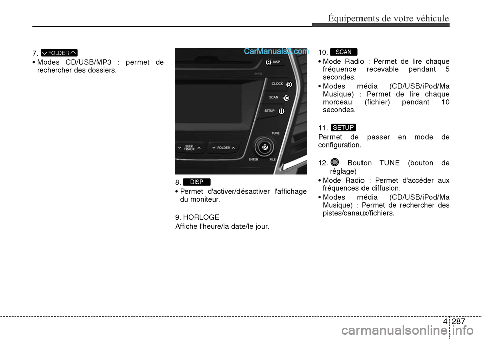 Hyundai Santa Fe 2016  Manuel du propriétaire (in French) 4287
Équipements de votre véhicule
7.
• Modes CD/USB/MP3 : permet de
rechercher des dossiers.
8.
• Permet dactiver/désactiver laffichage
du moniteur.
9. HORLOGE
Affiche lheure/la date/le jou