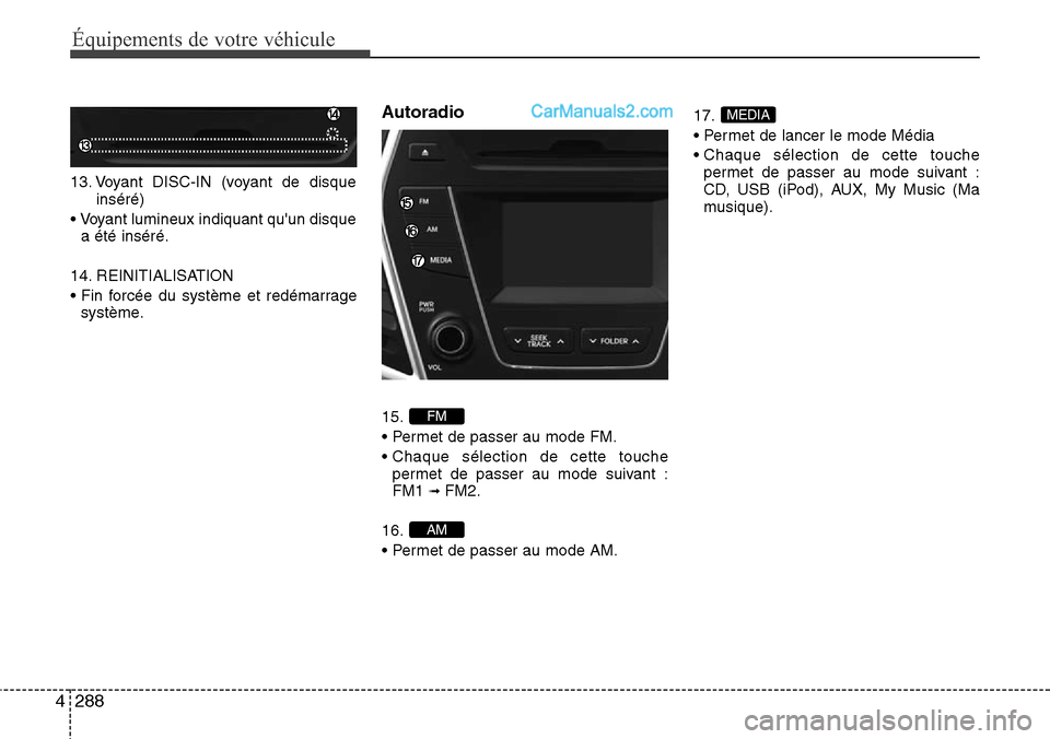 Hyundai Santa Fe 2016  Manuel du propriétaire (in French) 288 4
Équipements de votre véhicule
13. Voyant DISC-IN (voyant de disque
inséré)
• Voyant lumineux indiquant quun disque
a été inséré.
14. REINITIALISATION
• Fin forcée du système et re