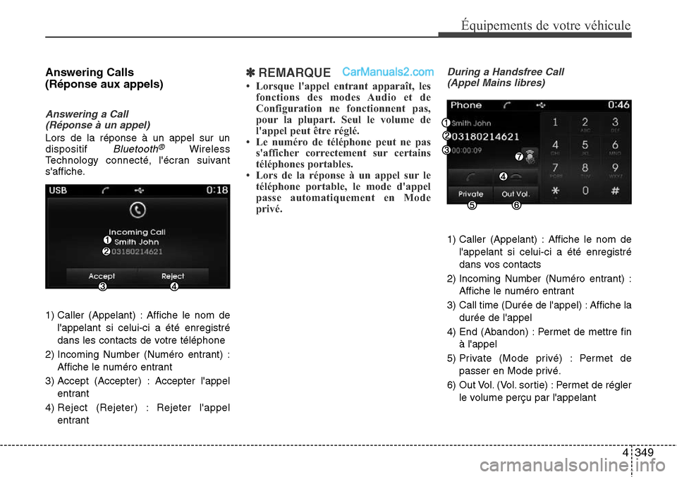 Hyundai Santa Fe 2016 Manuel du propriétaire (in French) 4349
Équipements de votre véhicule
Answering Calls
(Réponse aux appels)
Answering a Call
(Réponse à un appel)
Lors de la réponse à un appel sur un
dispositif Bluetooth®Wireless
Technology co Hyundai Santa Fe 2016 Manuel du propriétaire (in French) 4349
Équipements de votre véhicule
Answering Calls
(Réponse aux appels)
Answering a Call
(Réponse à un appel)
Lors de la réponse à un appel sur un
dispositif Bluetooth®Wireless
Technology co