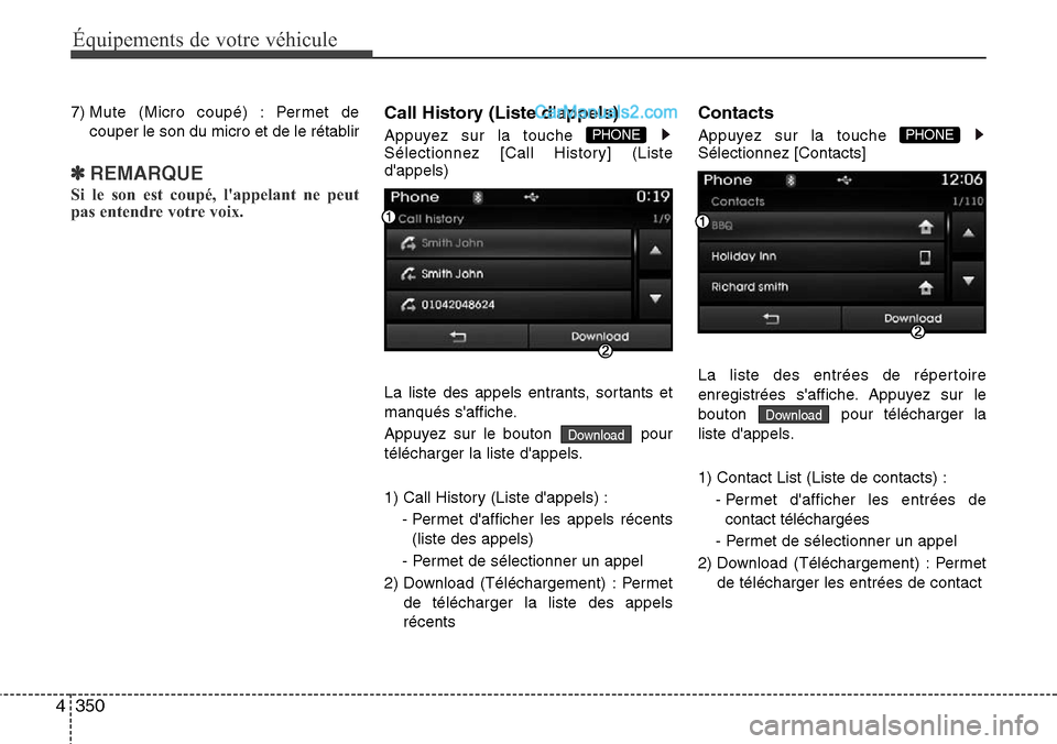Hyundai Santa Fe 2016 Manuel du propriétaire (in French) 350 4
Équipements de votre véhicule
7) Mute (Micro coupé) : Permet de
couper le son du micro et de le rétablir
✽REMARQUE
Si le son est coupé, lappelant ne peut
pas entendre votre voix.
Call Hi Hyundai Santa Fe 2016 Manuel du propriétaire (in French) 350 4
Équipements de votre véhicule
7) Mute (Micro coupé) : Permet de
couper le son du micro et de le rétablir
✽REMARQUE
Si le son est coupé, lappelant ne peut
pas entendre votre voix.
Call Hi