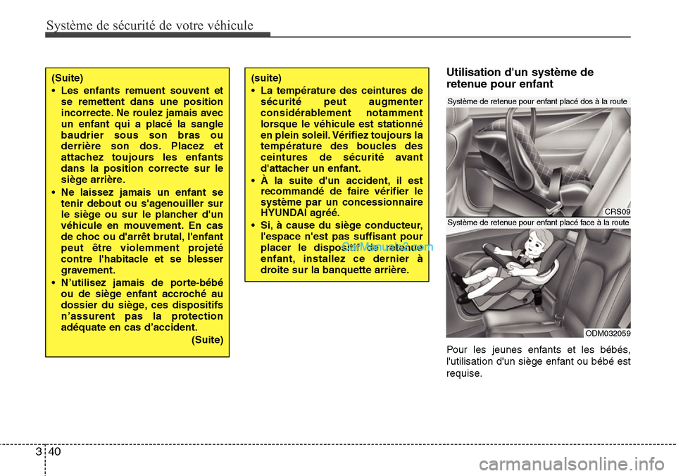 Hyundai Santa Fe 2016 Manuel du propriétaire (in French) Système de sécurité de votre véhicule
40 3
Utilisation dun système de
retenue pour enfant
Pour les jeunes enfants et les bébés,
lutilisation dun siège enfant ou bébé est
requise.
(Suite) Hyundai Santa Fe 2016 Manuel du propriétaire (in French) Système de sécurité de votre véhicule
40 3
Utilisation dun système de
retenue pour enfant
Pour les jeunes enfants et les bébés,
lutilisation dun siège enfant ou bébé est
requise.
(Suite)