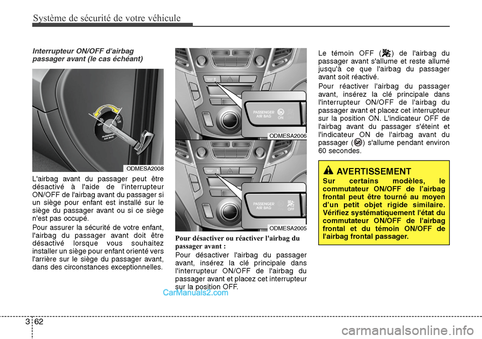 Hyundai Santa Fe 2016 Manuel du propriétaire (in French) Système de sécurité de votre véhicule
62 3
Interrupteur ON/OFF dairbag
passager avant (le cas échéant)
Lairbag avant du passager peut être
désactivé à laide de linterrupteur
ON/OFF de l Hyundai Santa Fe 2016 Manuel du propriétaire (in French) Système de sécurité de votre véhicule
62 3
Interrupteur ON/OFF dairbag
passager avant (le cas échéant)
Lairbag avant du passager peut être
désactivé à laide de linterrupteur
ON/OFF de l