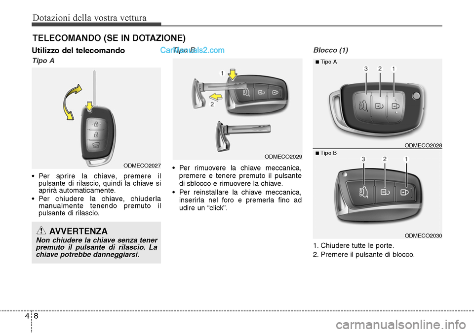 Hyundai Santa Fe 2016  Manuale del proprietario (in Italian) Dotazioni della vostra vettura
8 4
TELECOMANDO (SE IN DOTAZIONE)
Utilizzo del telecomando
Tipo A 
• Per aprire la chiave, premere il
pulsante di rilascio, quindi la chiave si
aprirà automaticamente