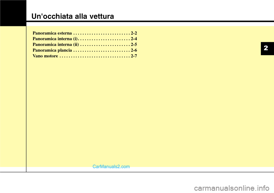 Hyundai Santa Fe 2016  Manuale del proprietario (in Italian) Unocchiata alla vettura
Panoramica esterna . . . . . . . . . . . . . . . . . . . . . . . . . 2-2
Panoramica interna (i) . . . . . . . . . . . . . . . . . . . . . . . 2-4
Panoramica interna (ii) . . .