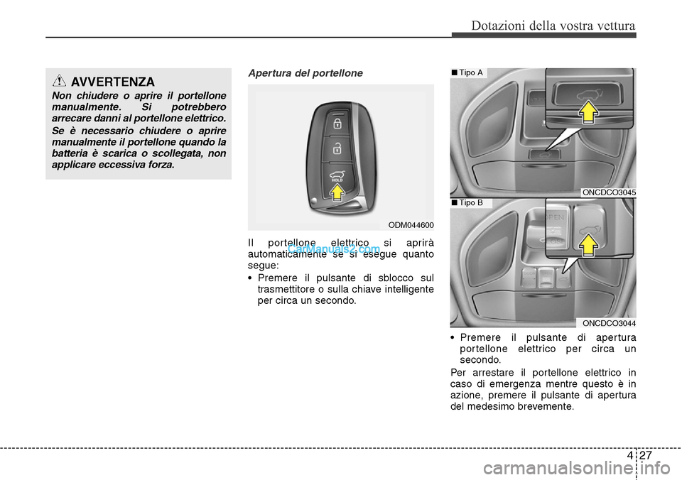Hyundai Santa Fe 2016  Manuale del proprietario (in Italian) 427
Dotazioni della vostra vettura
Apertura del portellone
Il portellone elettrico si aprirà
automaticamente se si esegue quanto
segue:
• Premere il pulsante di sblocco sul
trasmettitore o sulla ch
